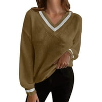Дами Обични V Боја На Вратот Блокирање Пуловер Плетен Џемпер Со Долги Ракави Жени Долги Џемпери Кардигани Плус Големина Долги