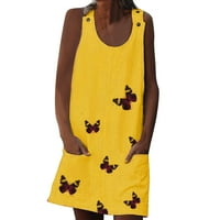 Летни фустани Обични печати од пеперутка опремена над коленото О-вратот без ракави фустани за жени жолти 4XL
