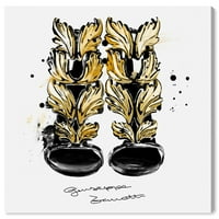 Wynwood Studio Fashion and Glam Современа платно уметност - црна висока потпетица со златни крилја, wallидна уметност за дневна