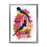 DesignArt 'Две птици со жолти и сини титули кои седат во близина на гнездото' Традиционално врамено уметничко печатење