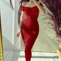 Ајомет Цвет Девојка Фустан Дами Краток Ракав Едно Рамо Фустан Еднобоен Собрани Тенок Фустан, Црвен XL