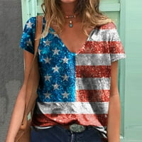 Женски Врвови V-Вратот Дами Блуза Денот На Независноста Печатени Лето Краток Ракав Мода Сина м