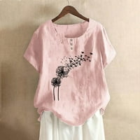 Buigttklop кошули за жени, модна жена Rounk вратот со кратки ракави блуза маица печатење лабави врвови розова м