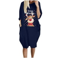 Homchy Women Casual Stitching Christmas Antlers Print Long-sleeved Loose Pockets Dress