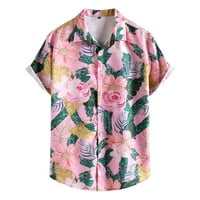 B91XZ кошули за вежбање за мажи Машки пролет и летни единечни кошули Обичен печатен лапел плажа краток ракав одмор розова, големина