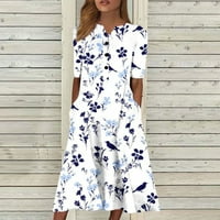 Женски летни фустани женски случајни печатени џебни здолништа со краток ракав, долги фустан сино