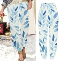 Womenените високи половини лесни панталони Boho Printing Pronsers Long Beach Pants со џебови сини xxl