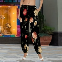 Panенски панталони дами Бохо печатени џеб за половината, обични панталони за панталони за плажа панталони за жени