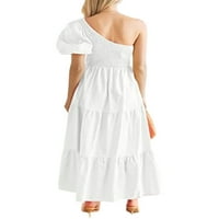 Колиша жени лето плажа Сандерс Еден рамо долг фустан Краток ракав макси фустани секси патување цврста боја бела м