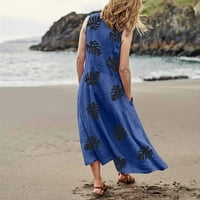 Жените Печатени V-Вратот Сонцето Фустан Должина Глуждот Мода Лето Ракави Фустан Сина