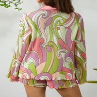 Нитуј Жени Цвет Неправилно Печатење Блуза Со Долги Ракави И Шорцеви