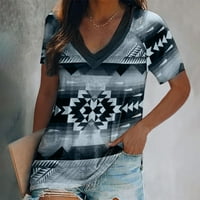 Bazyme omensенски блуза жени ретро печатење племе геометриски принт V-врат со кратки ракави маици врвни блузи сиви s