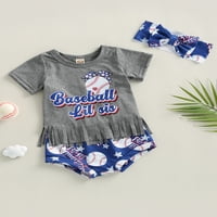 Calsunbaby Baby Girls Летна Облека Поставува Краток Ракав O Вратот Писмо Печатење Блузи + Бејзбол Печатење Шорцеви + Лента За Глава Во Собата